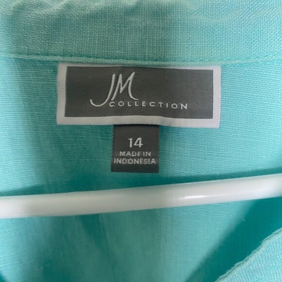 JM Collection Linen Top Womens Size 14 Teel Button Up 3/4 Sleeves Studded Pocket - Picture 2 of 14